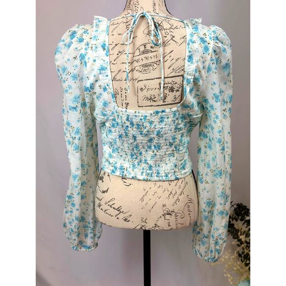 Free People Another Life Top White Combo Blue Floral Print L - Picture 14 of 16